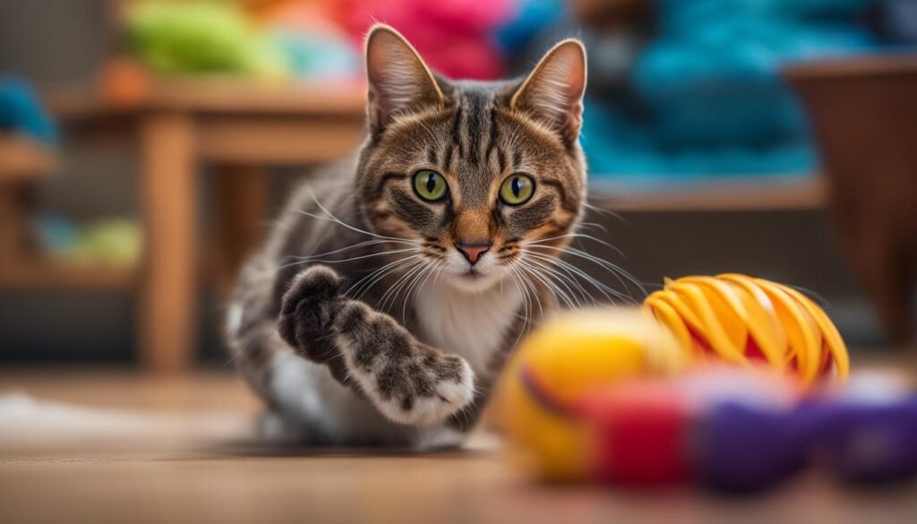 domestic cat playing with toy